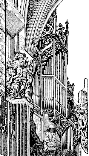 Zoom sur la gravure d'Isaac Brunn (1630), centré sur les volets.
Dans le coin supérieur gauche, l'étoile de la Nativité.
Le petit volet droit n'est presque pas visible.