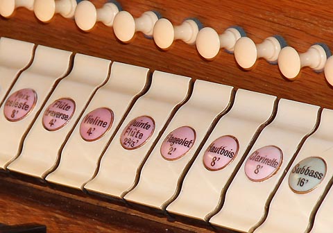 Entre autres avantages, la transmission pneumatique permet le contrôle des jeux par dominoset de disposer d'une combinaison libre : chaque domino est surmonté d'un picot blanc,et une commande permet de choisir entre la registration donnée par les dominos ou les picots :deux registrations sont donc disponibles en permanence.Voix céleste, Flûte traverse, Violine, Hautbois et Clarinette sont caractéristiques d'un orgue "symphonique" (1880-1920).
