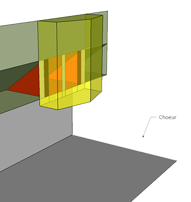 Ce schéma montre le corps principal de l'orgue (en jaune) et l'emplacement du récit (en rouge).