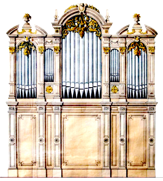 Hundsbach, l'orgue Friedrich Goll de 1891.
Dessin du buffet, d'après un plan en couleur de Friedrich Goll. (Archives de la famille Goll).
	