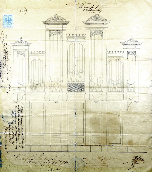 Le dessin du buffet de Munchouse,
sur papier timbré à 2 Fr. ADBR, 414 D 1051, photo de Pierre-Valentin Blanchard.
