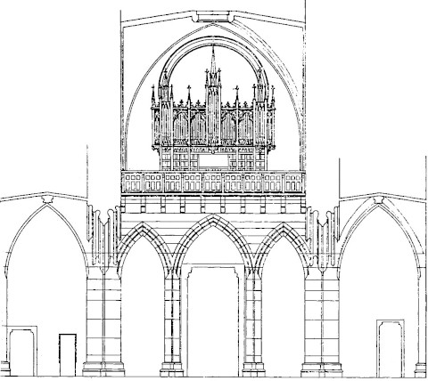 Dessin du buffet néo-gothique de l'orgue Stiehr.
(Issu de la chronique du curé Gatrio.)
L'instrument ressemblait (beaucoup) à celui de ,
sauf pour les petites plates-faces latérales en encorbellement.
				