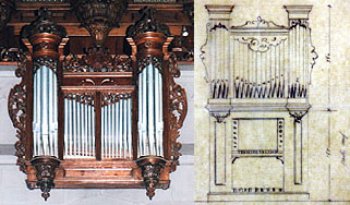 Le positif de l'orgue Silbermann d'Obernai, aujourd'hui à Niedernai,
et le croquis de Muller le montrant transformé en orgue de chœur.