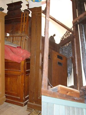 A gauche, la console a été remisée derrière le
                    buffet, avec le pédalier... au-dessus.A droite, un des haut-parleurs, à la
                    place des tuyaux...Photos de 2004, de Sébastien Bauer.