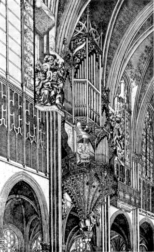 L'orgue de la cathédrale en 1630,
quand le buffet abritait l'orgue d'Anton Neuknecht.
Gravure d'Isaac Brunn.
Les volets de 1489 sont encore là, mais ont sûrement
été repeints au début du 16ème siècle,
peut-être par Hans Baldung-Grien.
Notons que la ligne des bouches est horizontale.