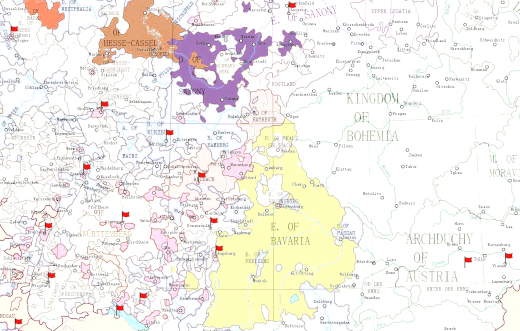 Provenance des intervenants en Alsace jusqu'en 1609,
sur un fond de carte représentant la situation mi-17ème.