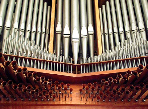 Un autre vue des chamades et du Cornet
                    posté. On remarque que, comme souvent, la dernière octave (les 2x6 tuyaux
                    les plus aigus) du Clairon sont pas à anche mais à bouche.