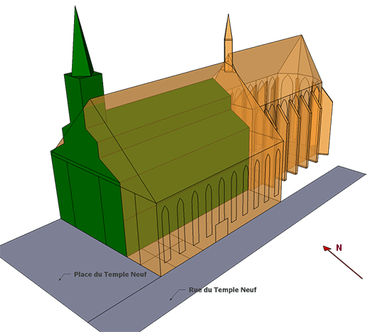 Vus par le sud-ouest, en vert le Temple Neuf actuel (d'Emile Salomon, 1876),
et, superposé en orange, l'édifice avant 1870.
